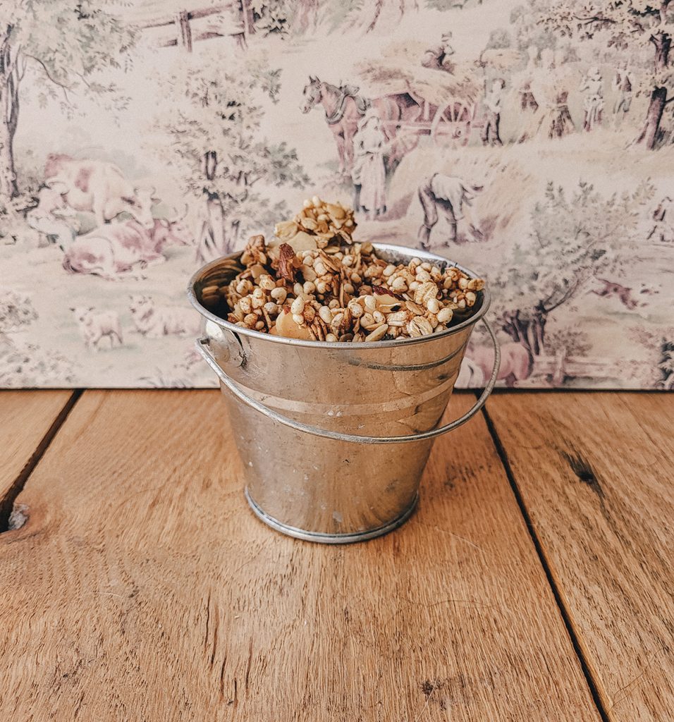 Homemade granola in a small bucket